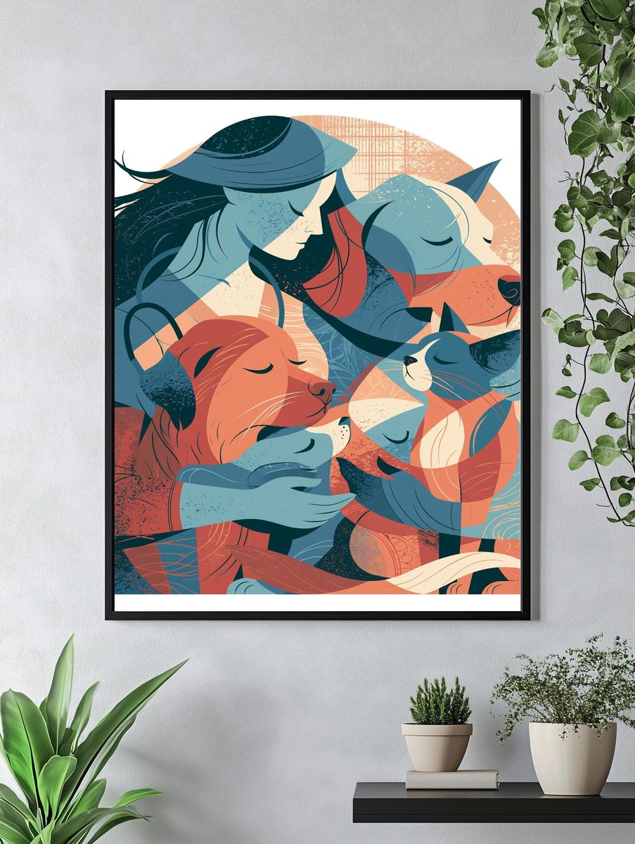 Sleeping Cats and Dog Illustration Poster. — room view 4
