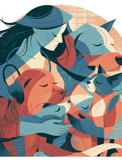 Sleeping Cats and Dog Illustration Poster. poster