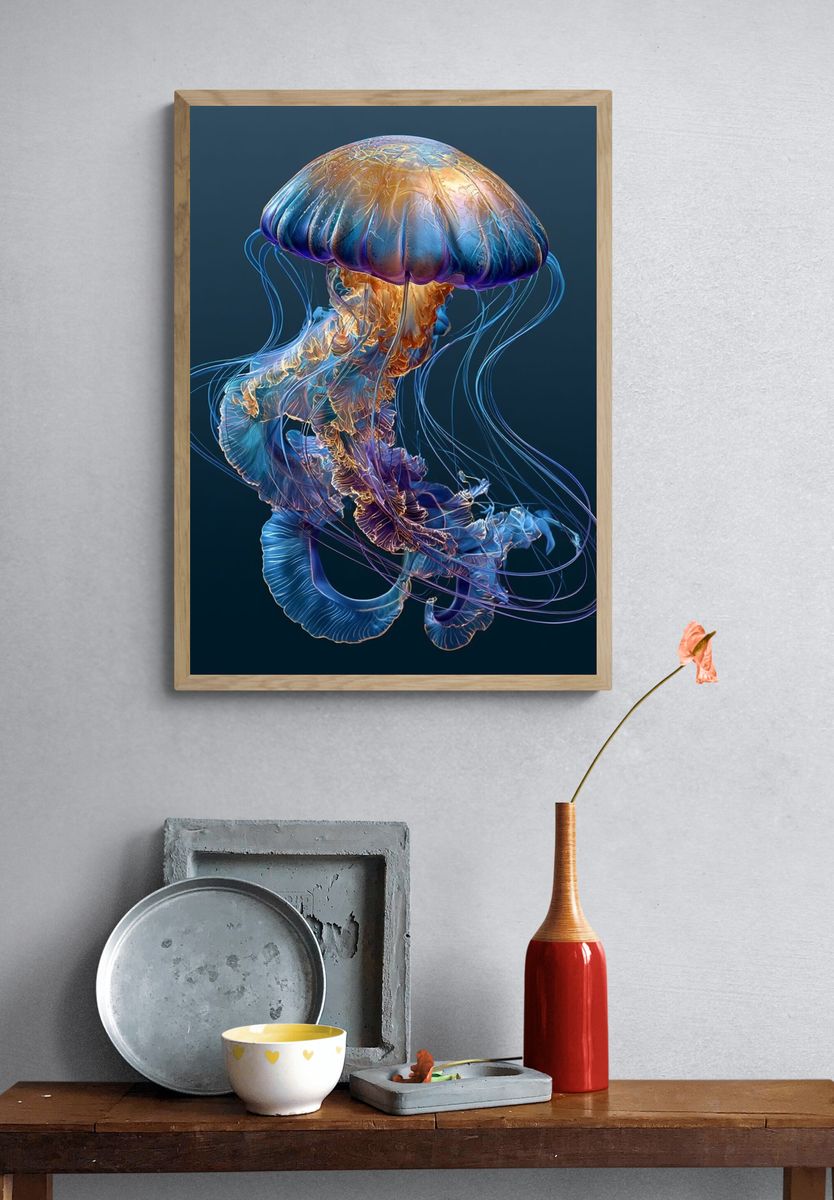 Neon Jellyfish Illustration Poster. — room view 3