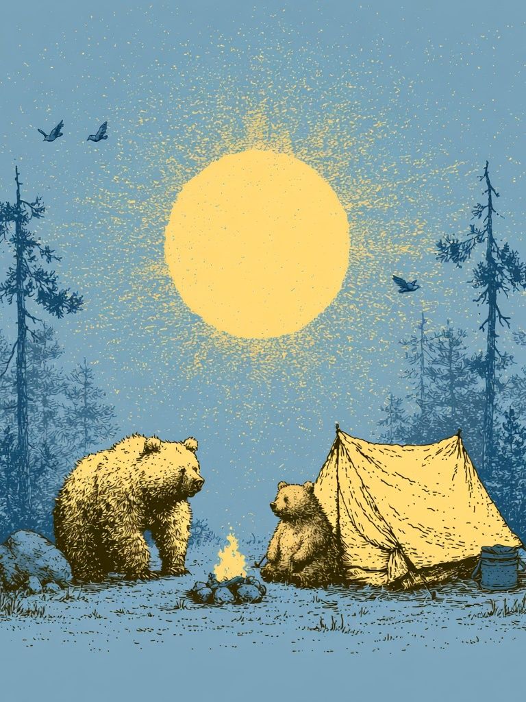 Bear Campfire Night Illustration Poster. poster detail