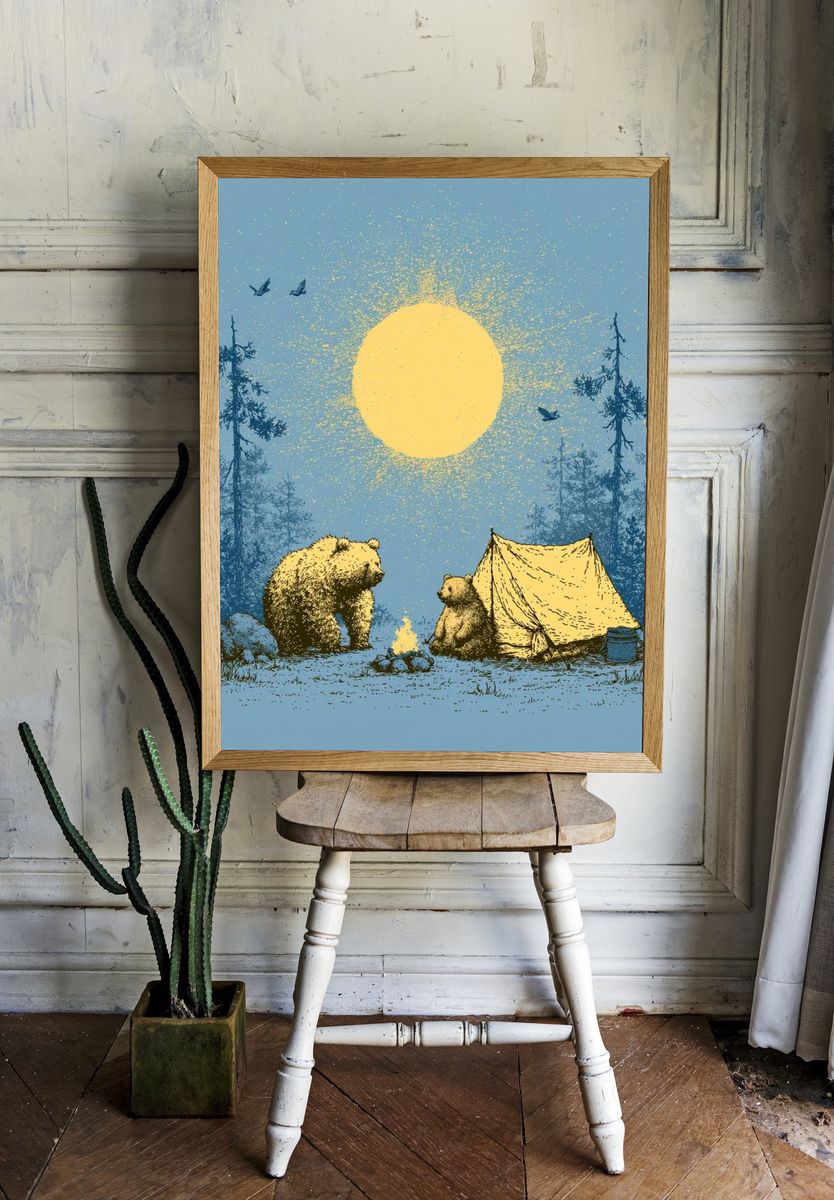 Bear Campfire Night Illustration Poster. room preview