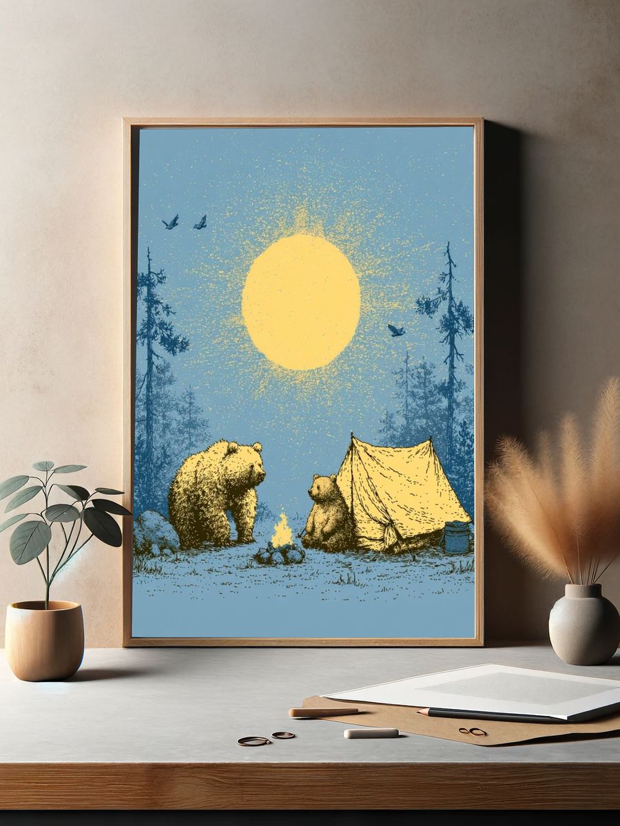 Bear Campfire Night Illustration Poster. — room view 2