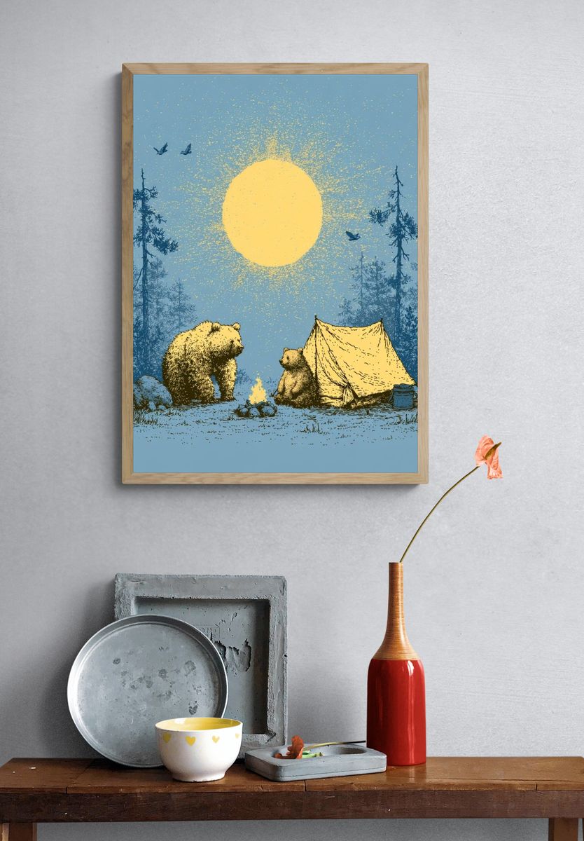 Bear Campfire Night Illustration Poster. — room view 3