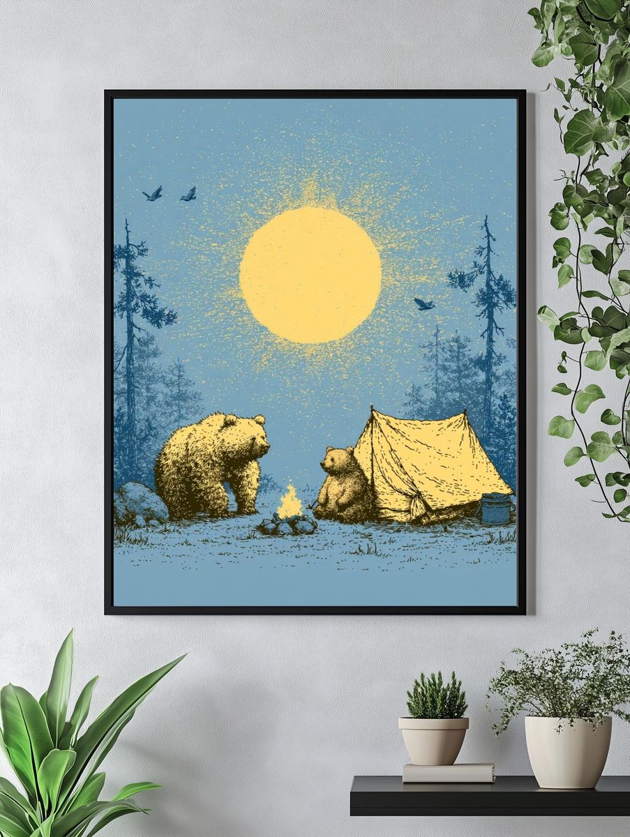 Bear Campfire Night Illustration Poster. — room view 4