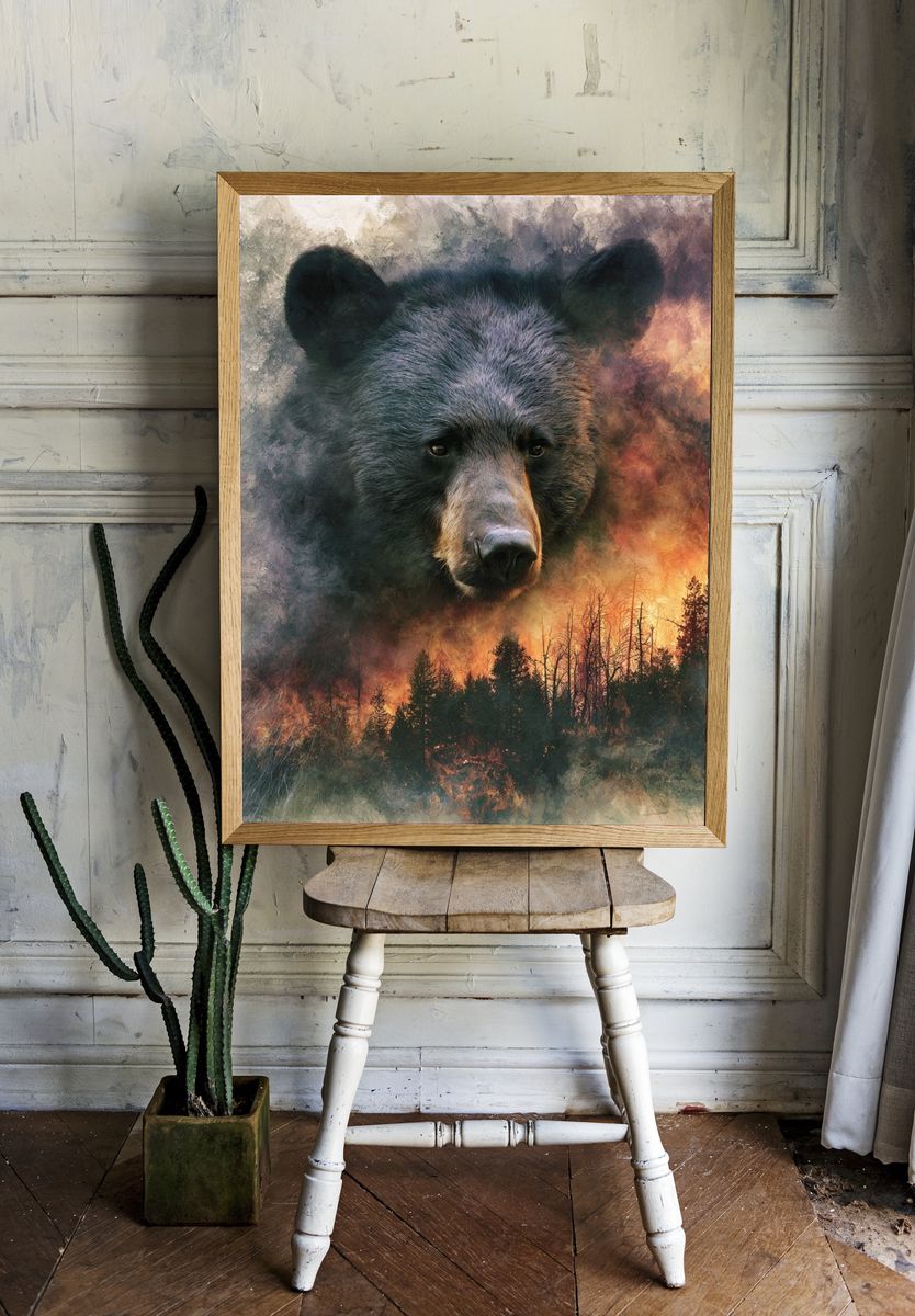 Bear Forest Fire Illustration Poster. room preview