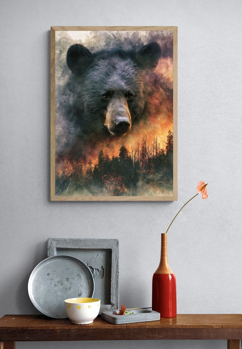 Bear Forest Fire Illustration Poster. — room view 3