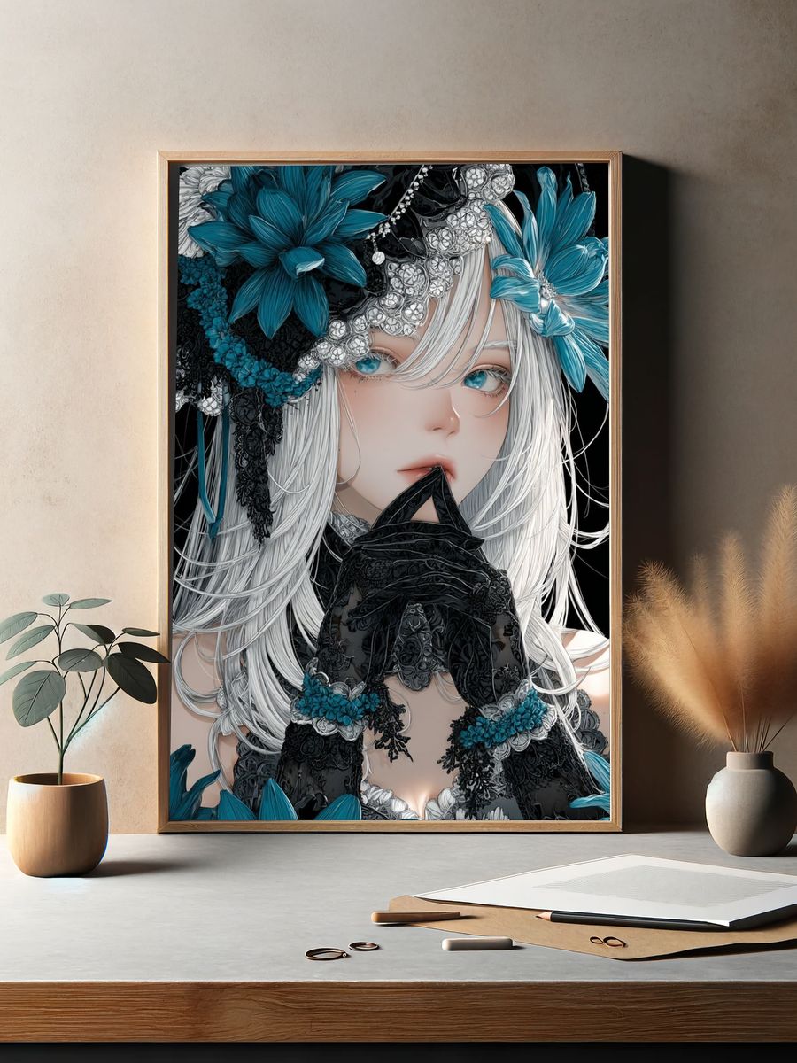 Gothic Floral Anime Portrait Poster. — room view 2