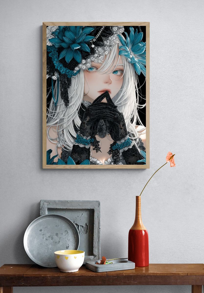 Gothic Floral Anime Portrait Poster. — room view 3