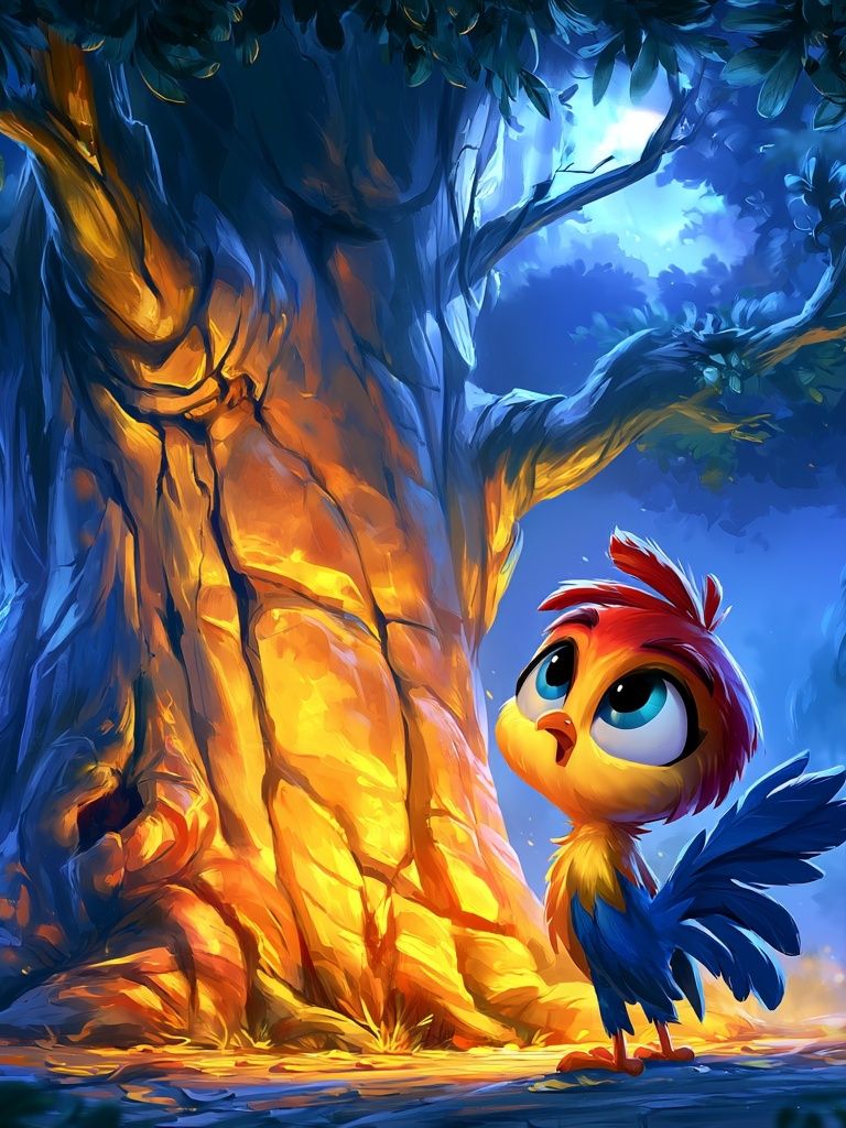 Curious Bird in Moonlit Forest Poster. poster detail