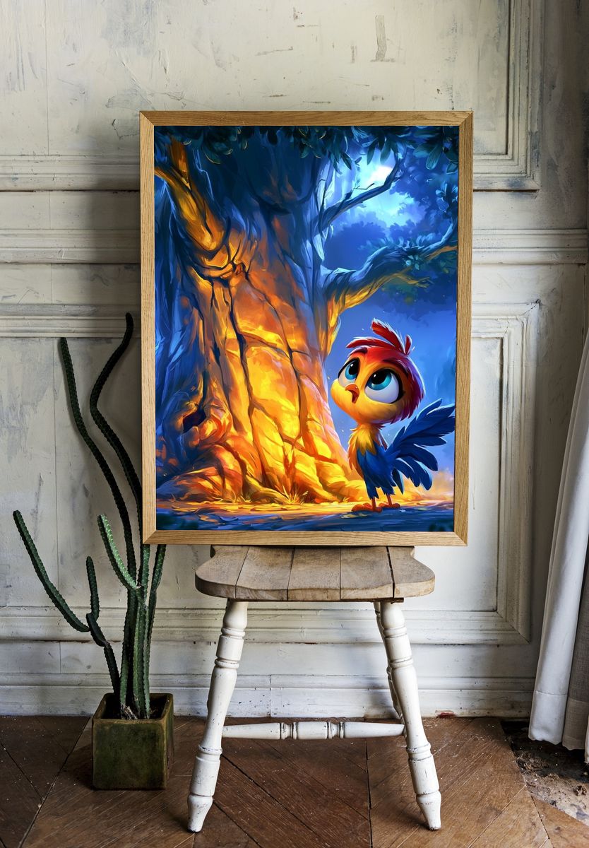 Curious Bird in Moonlit Forest Poster. room preview
