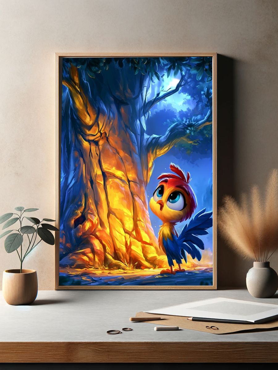 Curious Bird in Moonlit Forest Poster. — room view 2