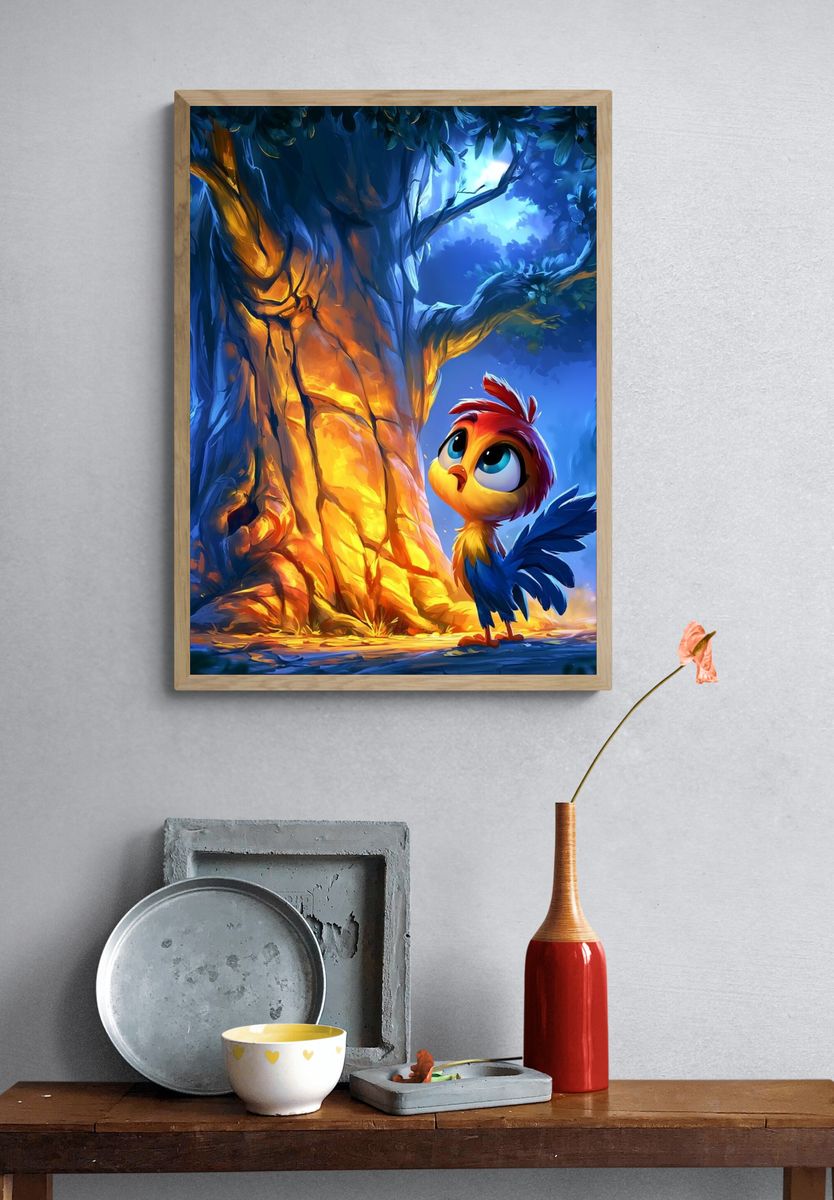 Curious Bird in Moonlit Forest Poster. — room view 3