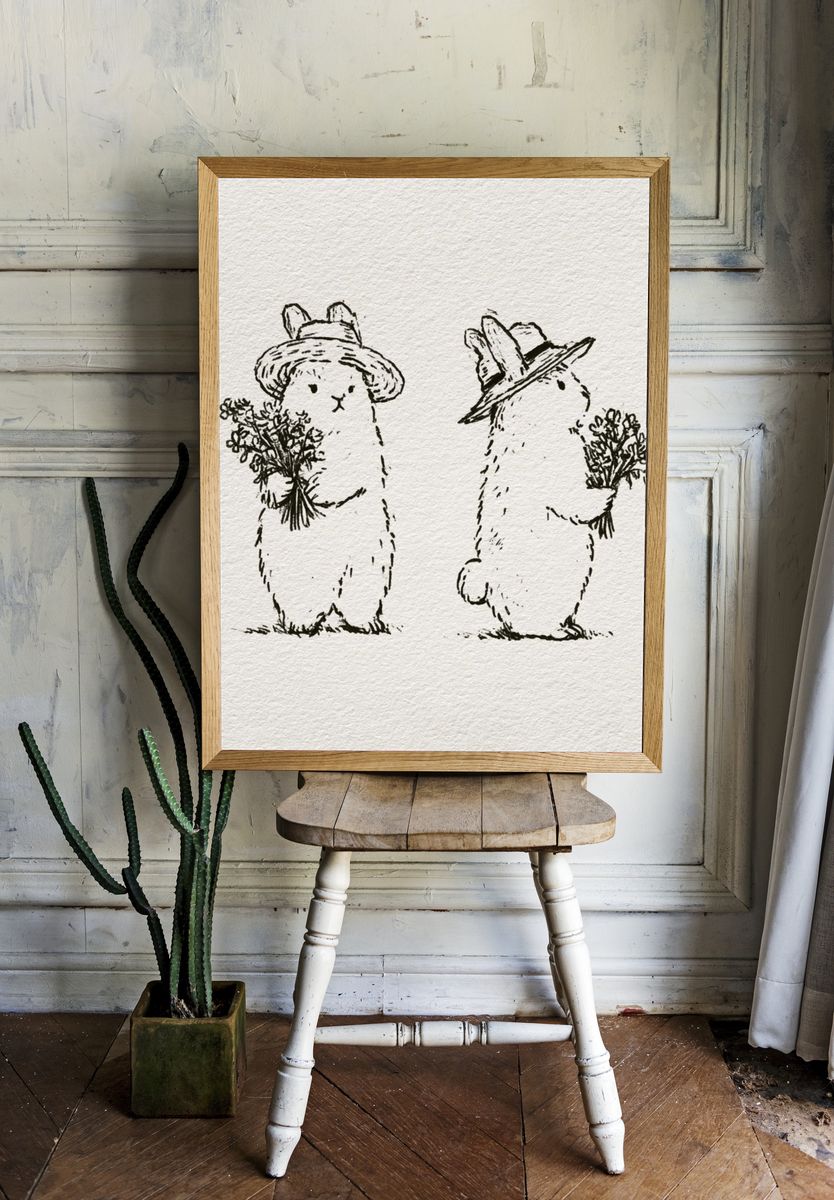 Bunny Duo Line Art Print. room preview
