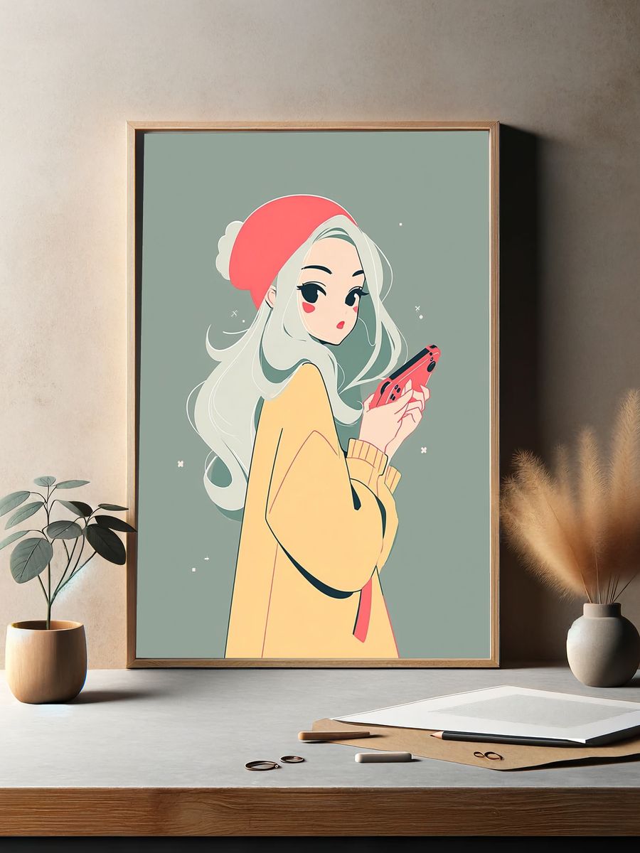 Anime Girl with Phone Print. — room view 2