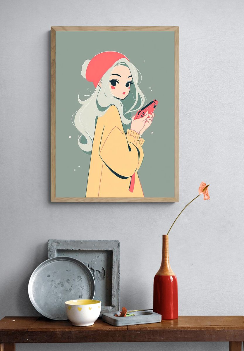 Anime Girl with Phone Print. — room view 3