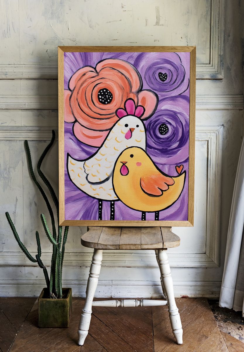 Whimsical Chickens Floral Illustration Poster. room preview