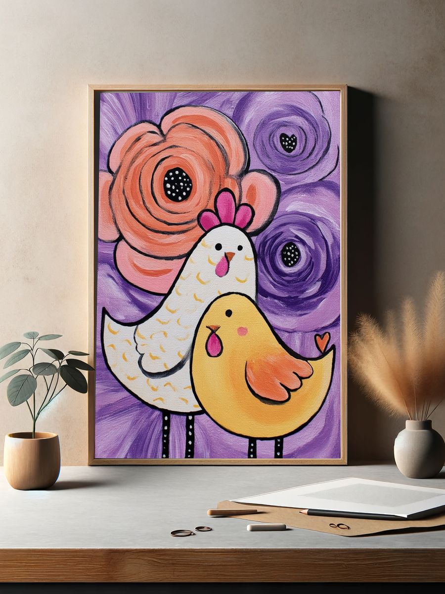 Whimsical Chickens Floral Illustration Poster. — room view 2