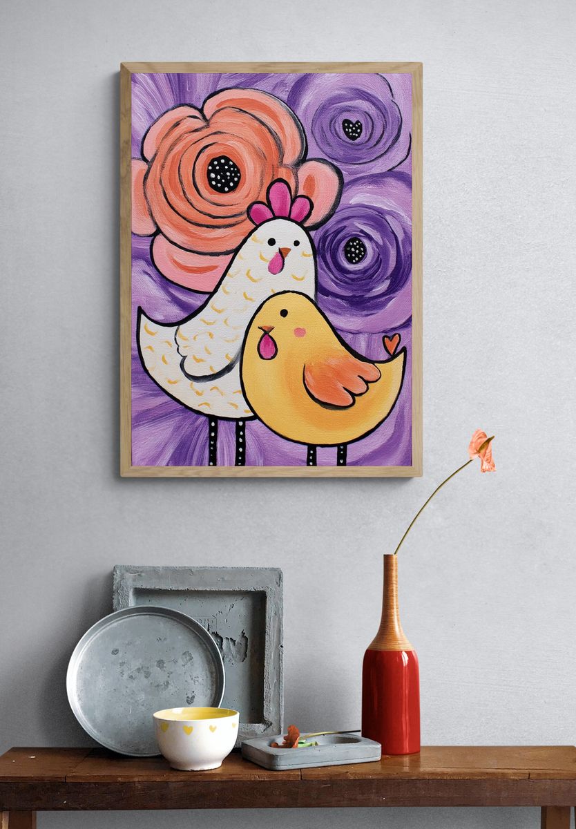 Whimsical Chickens Floral Illustration Poster. — room view 3