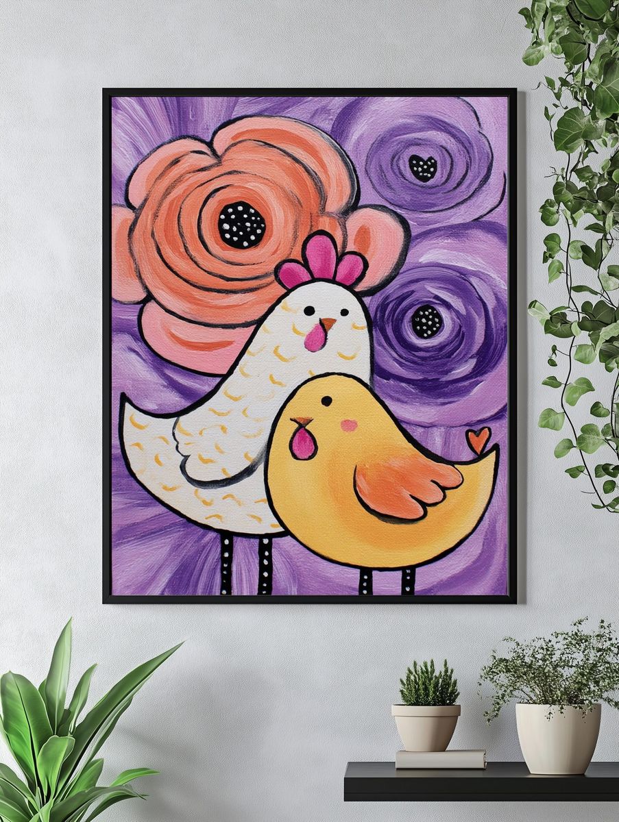 Whimsical Chickens Floral Illustration Poster. — room view 4