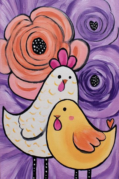 Whimsical Chickens Floral Illustration Poster.