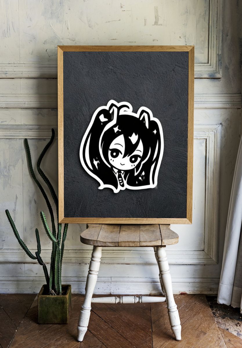 Chibi Anime Girl Black-White Poster. — room view 1