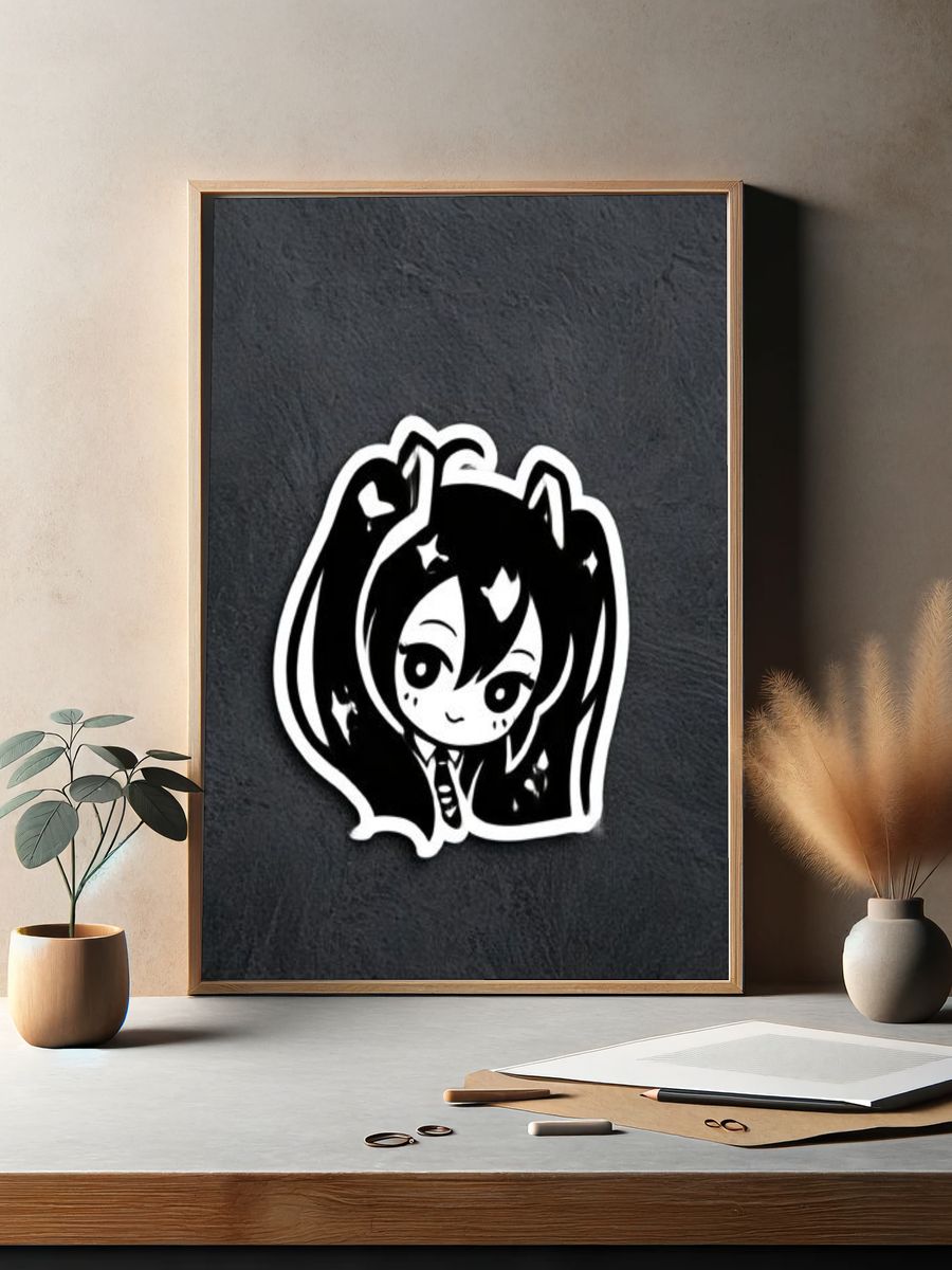 Chibi Anime Girl Black-White Poster. — room view 2