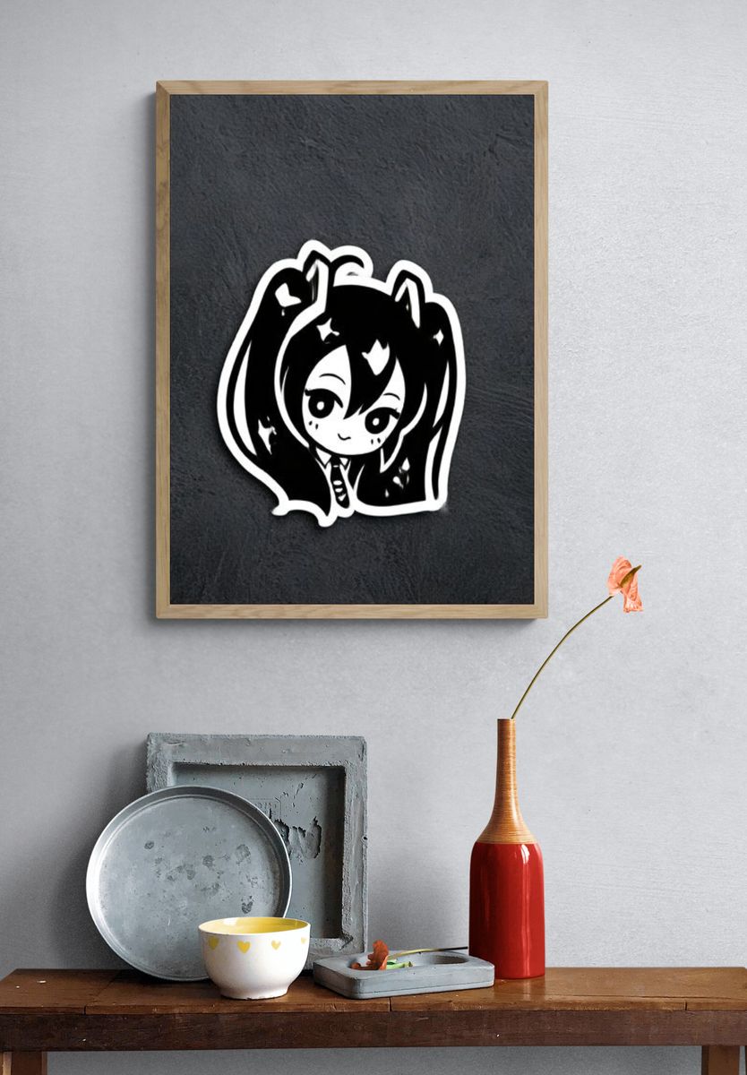 Chibi Anime Girl Black-White Poster. — room view 3