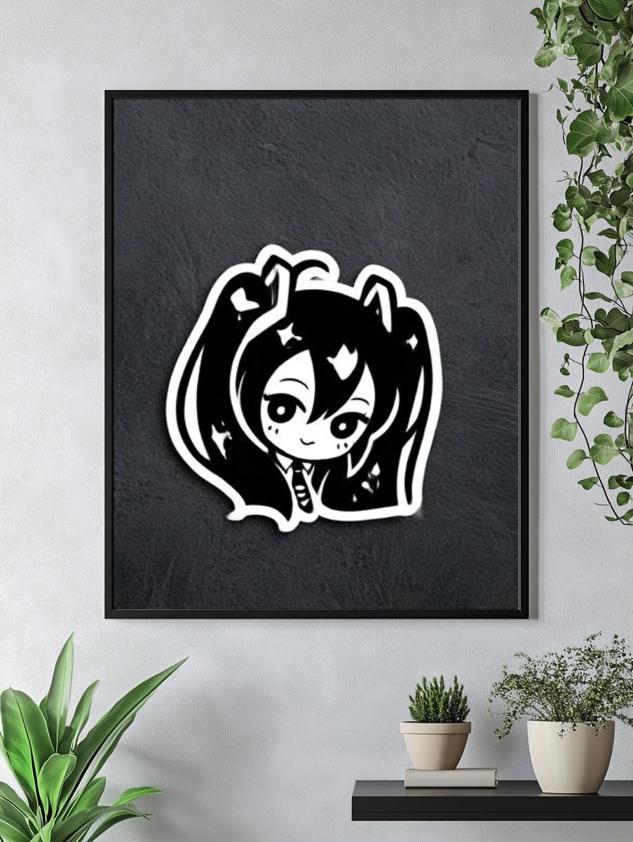 Chibi Anime Girl Black-White Poster. — room view 4
