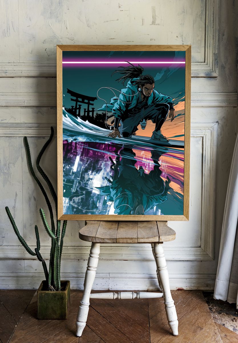 Samurai Surfer Digital Art Poster. — room view 1