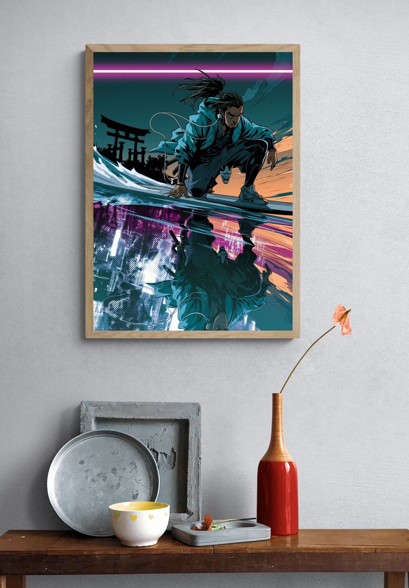 Samurai Surfer Digital Art Poster. — room view 3