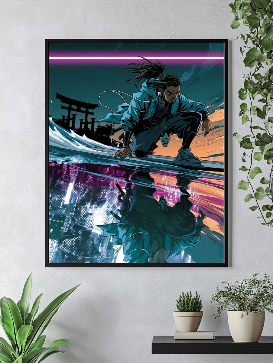 Samurai Surfer Digital Art Poster. — room view 4