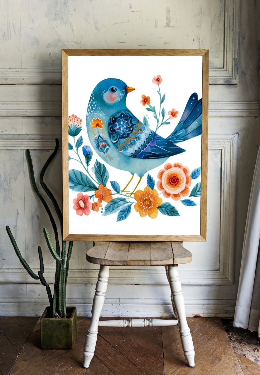 Blue Bird Floral Watercolor Poster. room preview