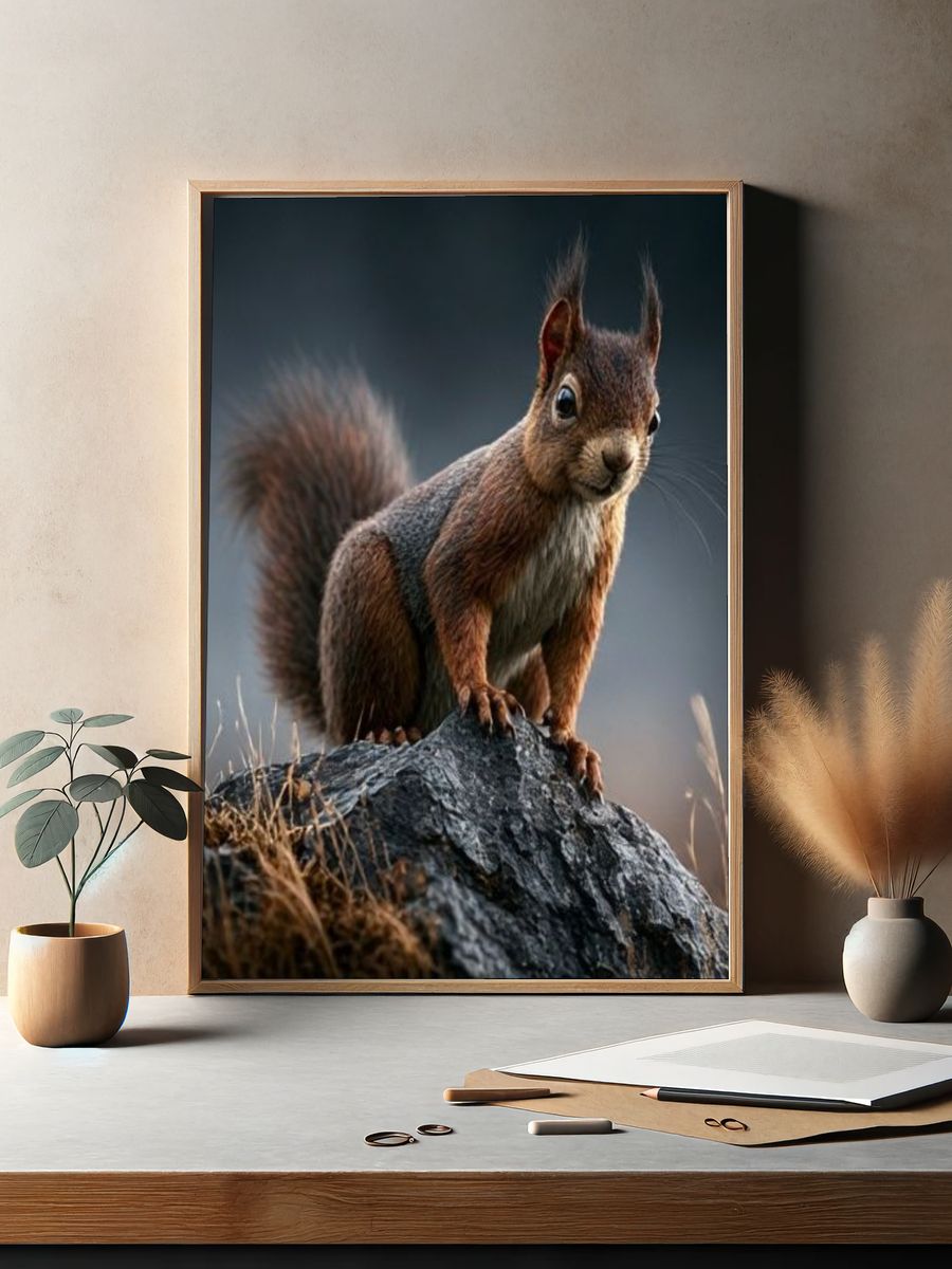 Red Squirrel on Rock Photography Poster. — room view 2