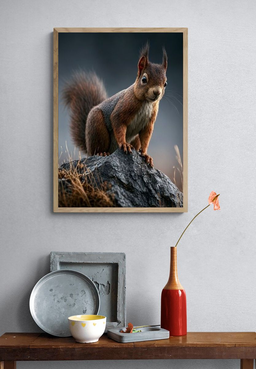 Red Squirrel on Rock Photography Poster. — room view 3