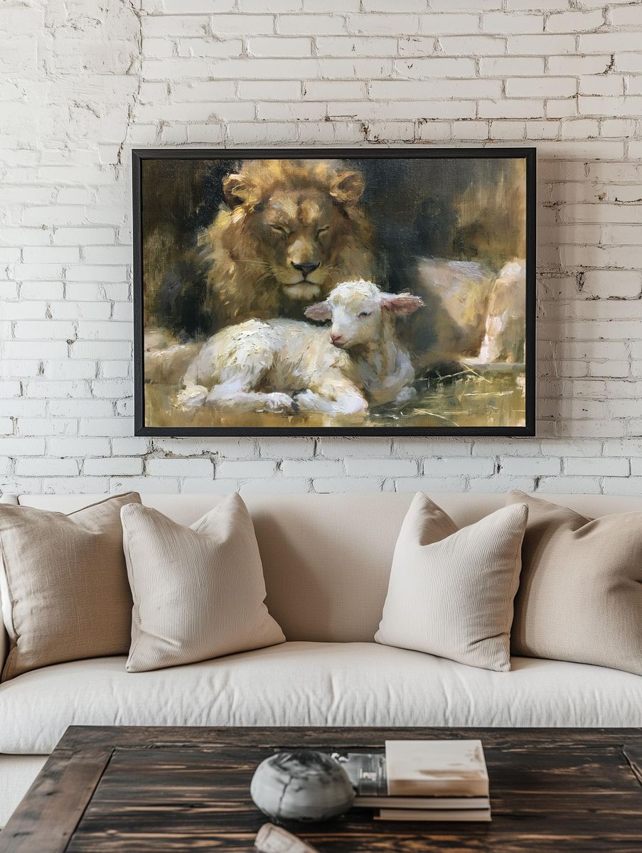 Lion and Lamb Oil Painting Poster. room preview