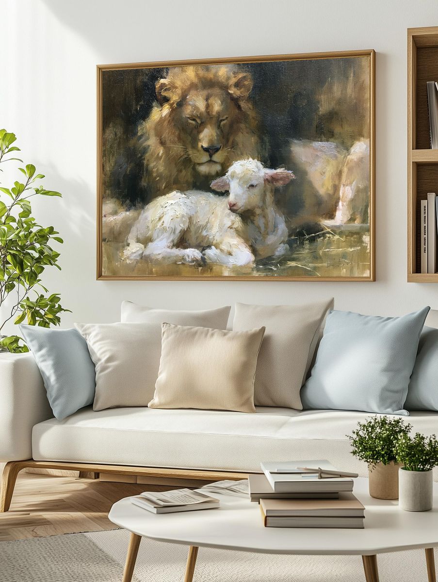 Lion and Lamb Oil Painting Poster. — room view 2