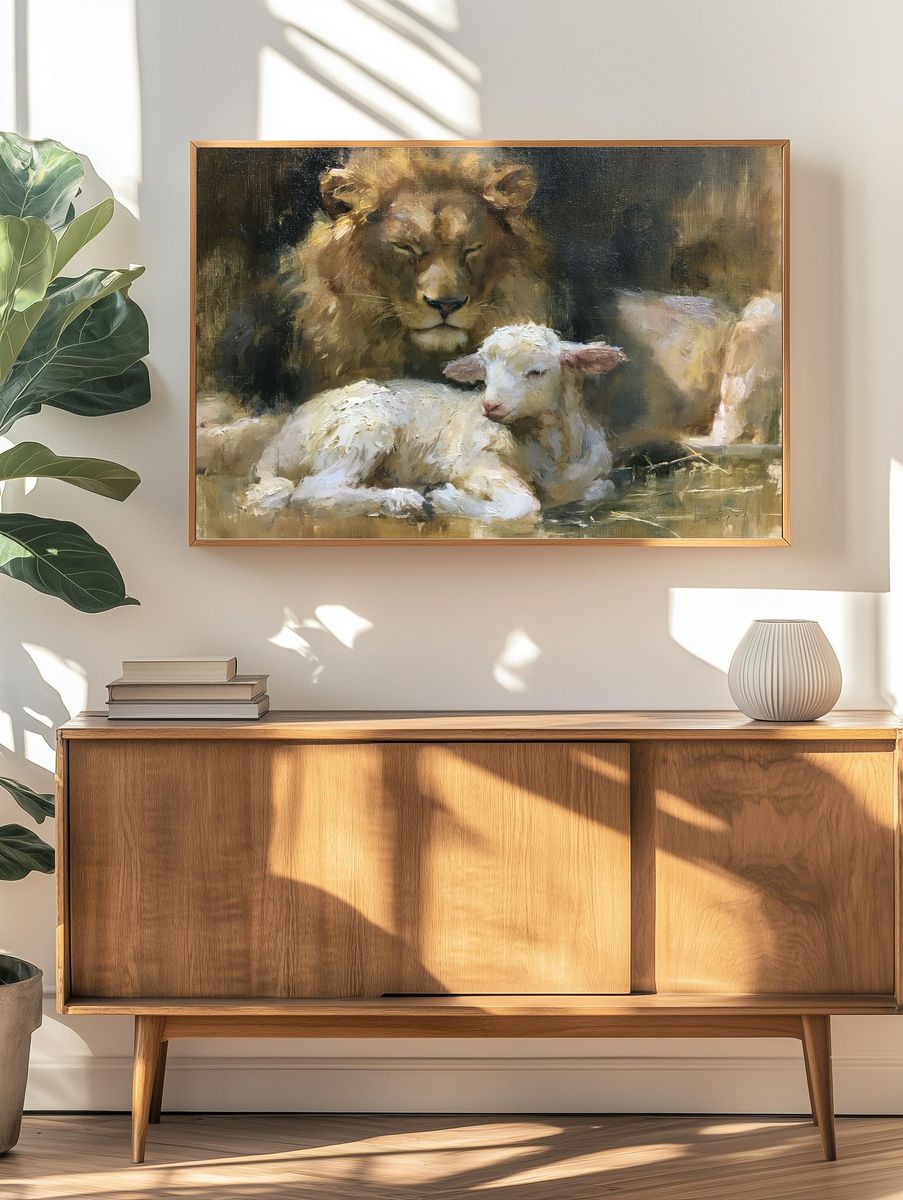 Lion and Lamb Oil Painting Poster. — room view 3