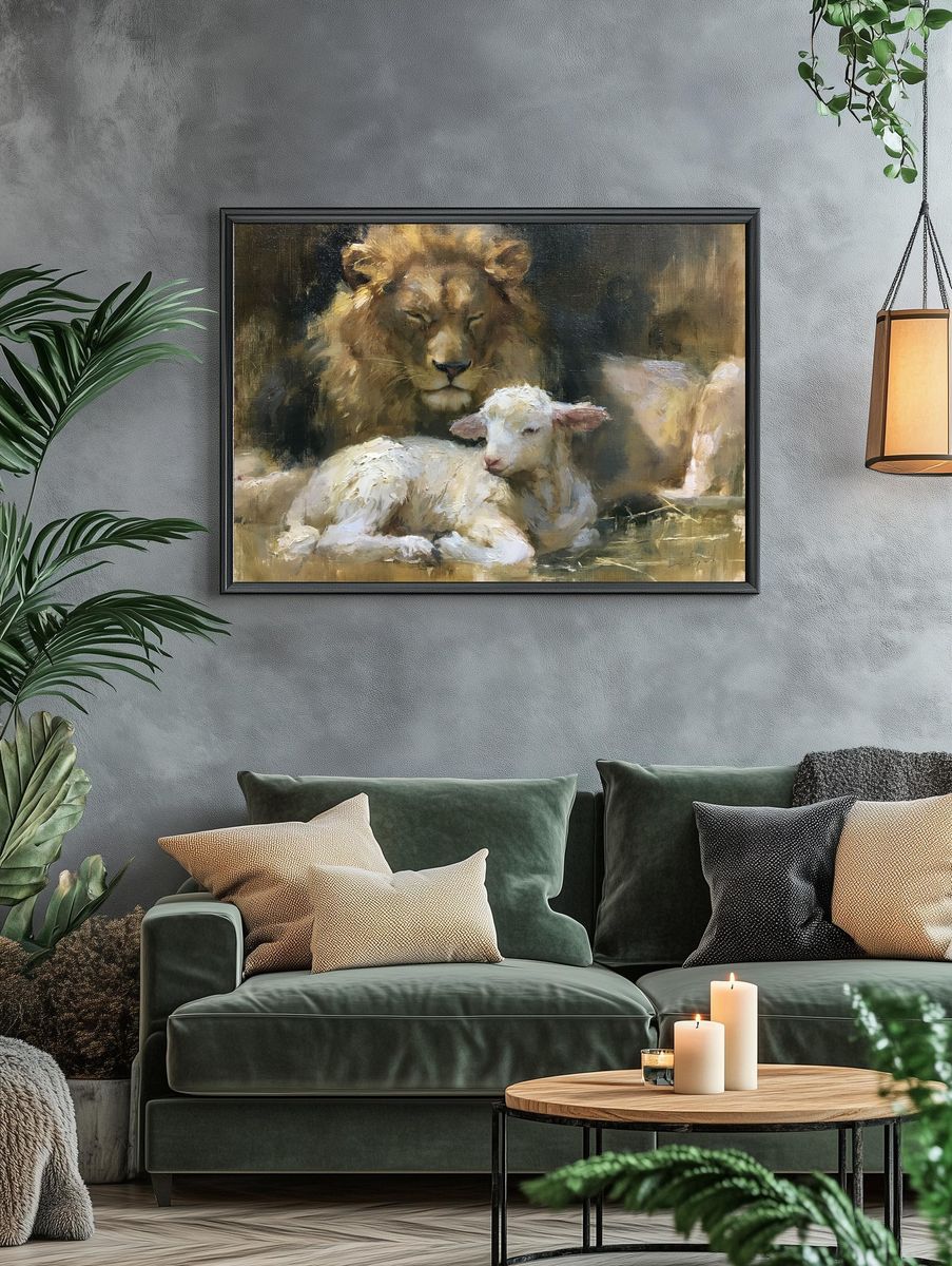 Lion and Lamb Oil Painting Poster. — room view 4