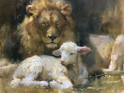 Lion and Lamb Oil Painting Poster.