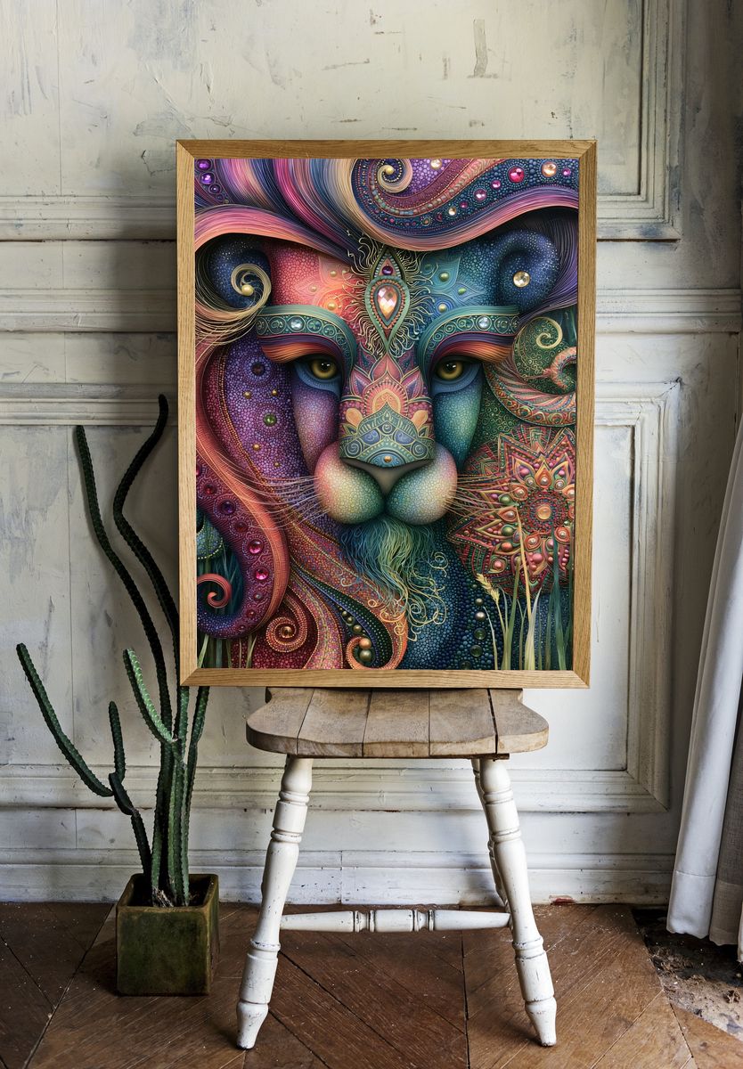 Majestic Lion Portrait Illustration Poster. room preview