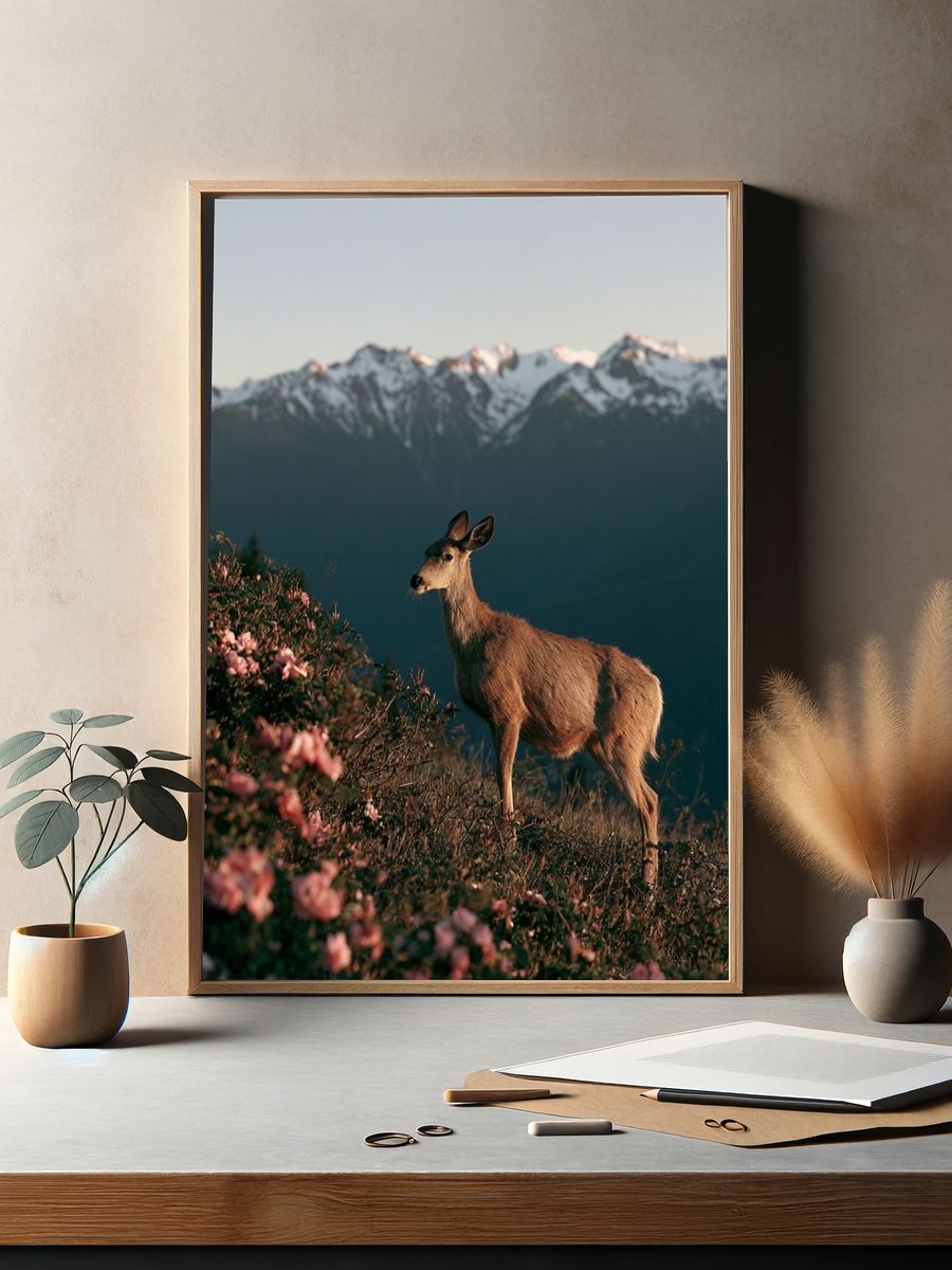 Deer at Alpine Dawn Poster. — room view 2