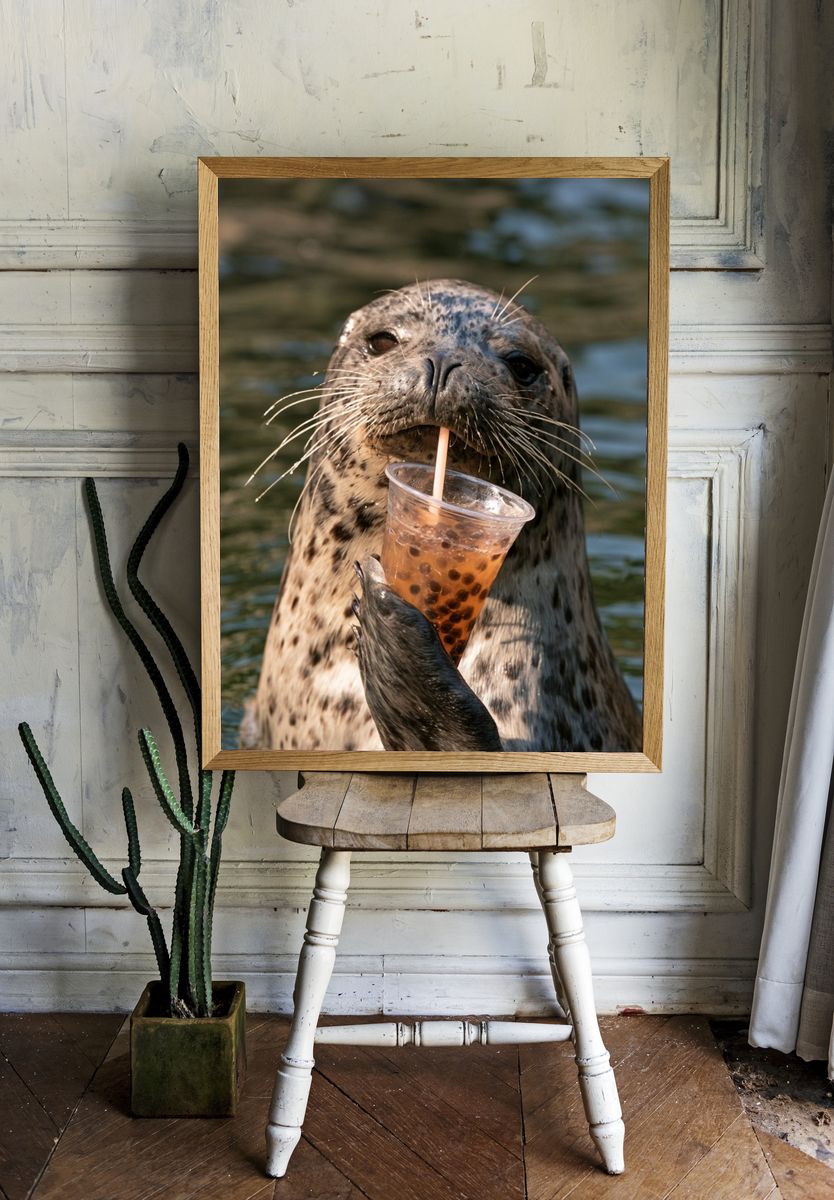 Playful Seal with Bubble Tea Poster. room preview