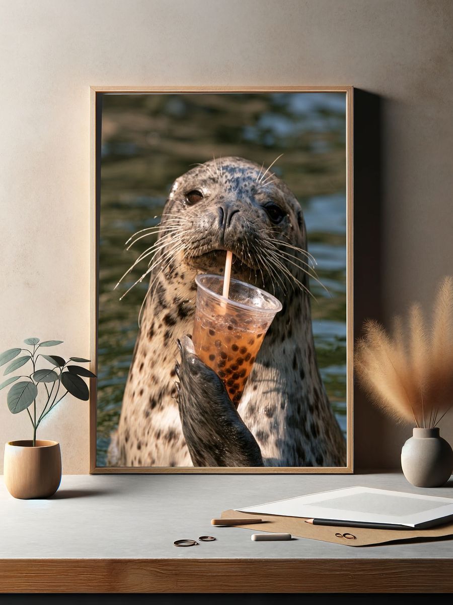 Playful Seal with Bubble Tea Poster. — room view 2