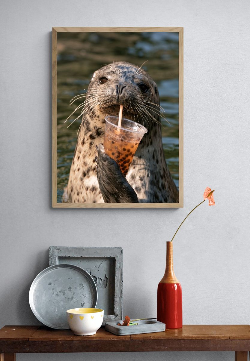 Playful Seal with Bubble Tea Poster. — room view 3