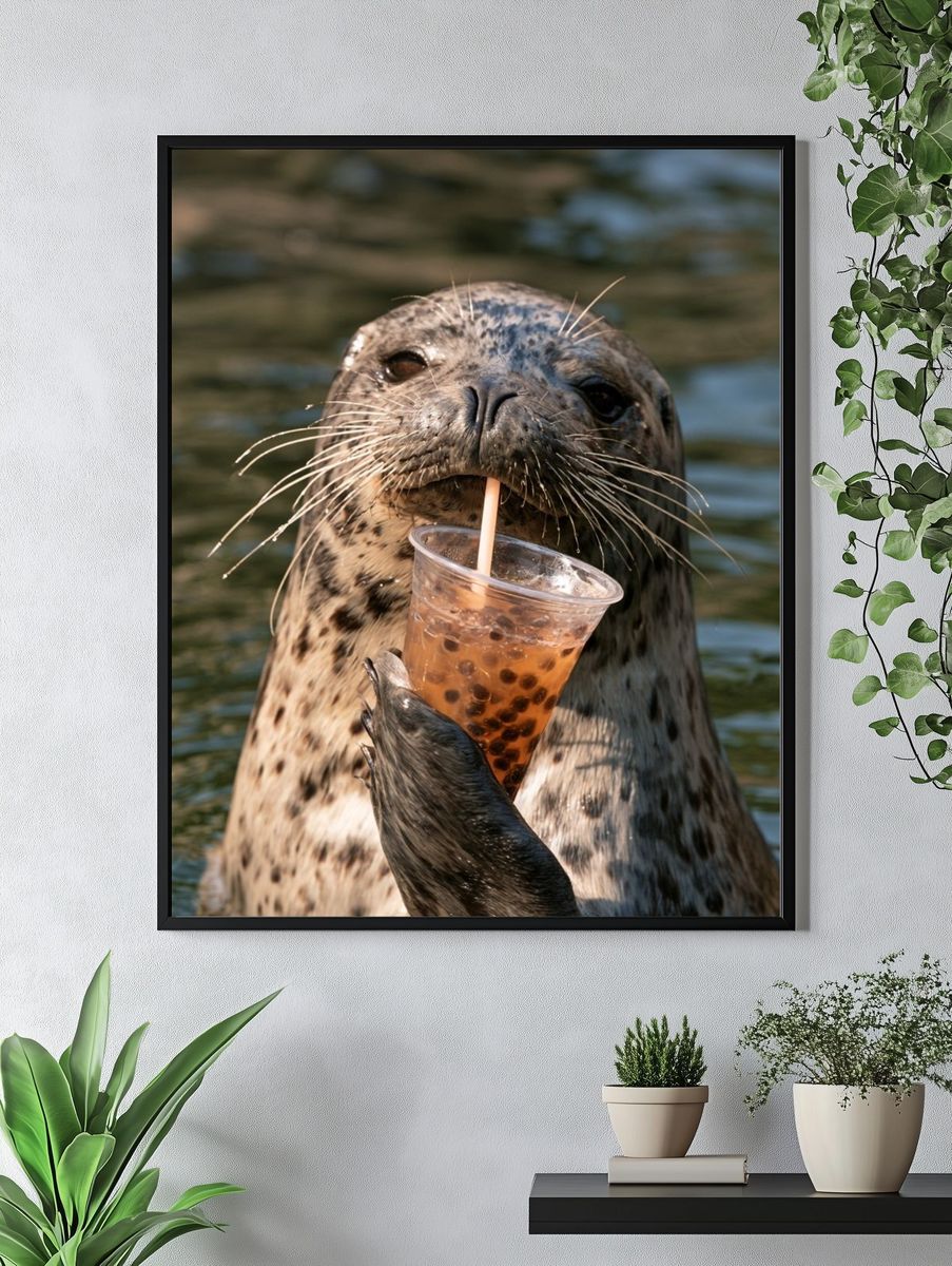 Playful Seal with Bubble Tea Poster. — room view 4