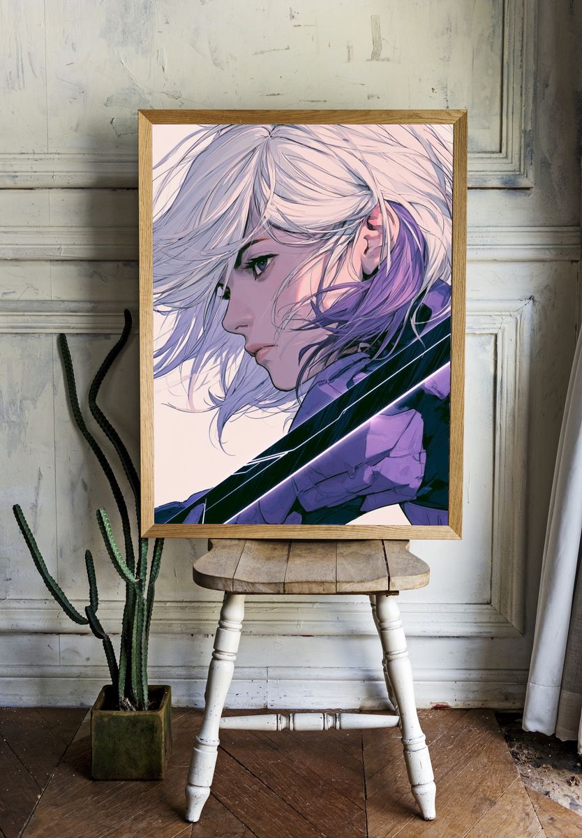 White-Haired Anime Warrior Poster. — room view 1