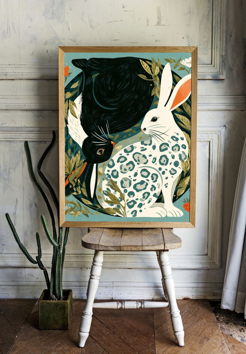 Rabbit and Bird Botanical Print. room preview