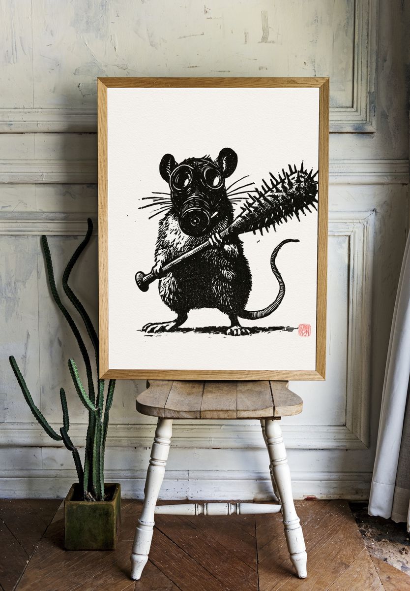 Gas Mask Rat Ink Print. room preview