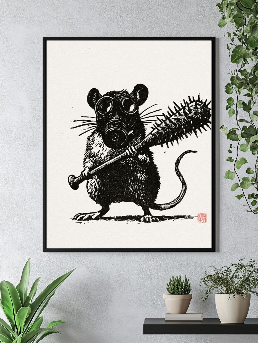 Gas Mask Rat Ink Print. — room view 4