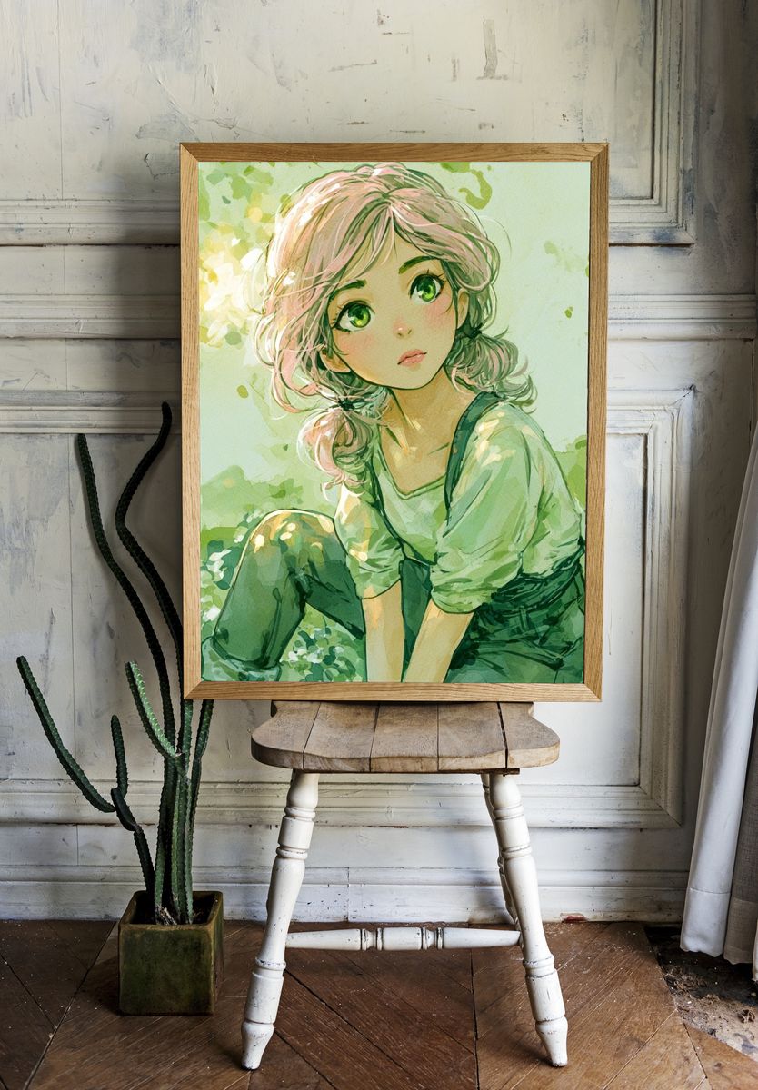 Pastel Anime Girl Watercolor Print. room preview